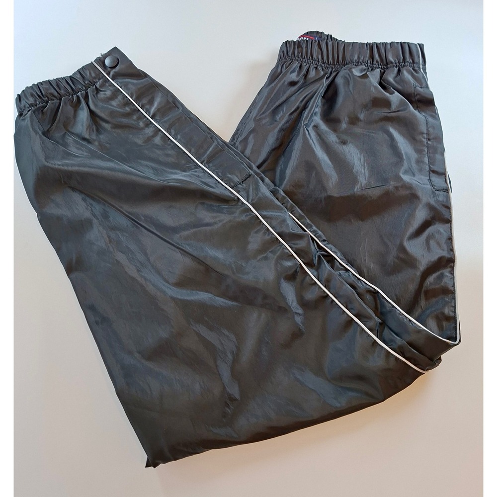 Mens L Vintage Nylon Wind Pants Black Track Joggers Snap Ankle Y2K Lined